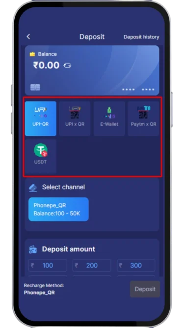 Choose the payment method to deposit money
